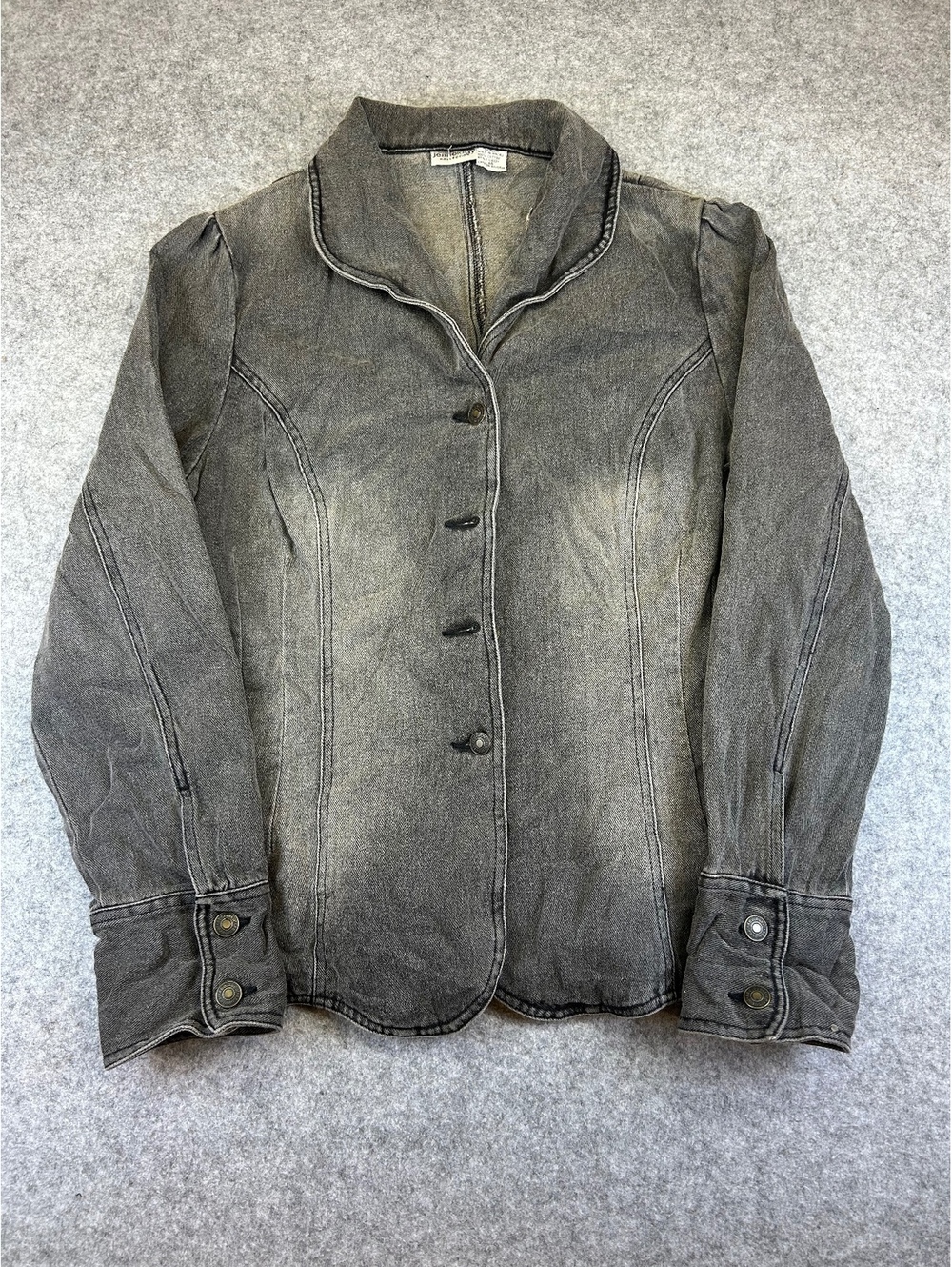 Y2K Jeanology Denim Jacket Acid Wash Black Women 14 Fitted Button Alt Punk